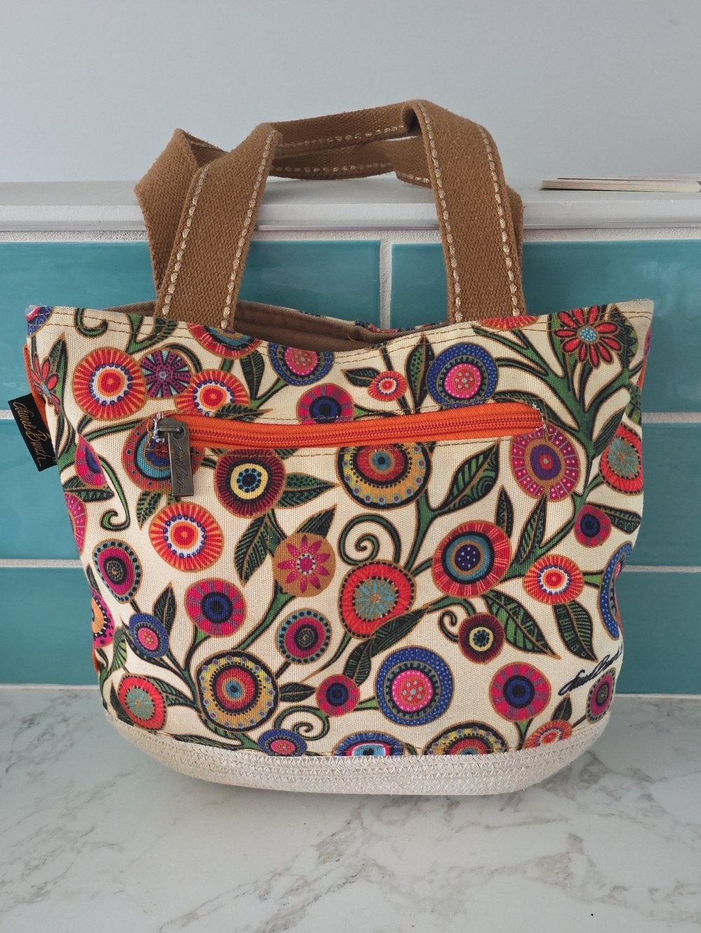 Laurel Burch Floral Canvas Tote in Cream, Orange, Pink, Blue, Green